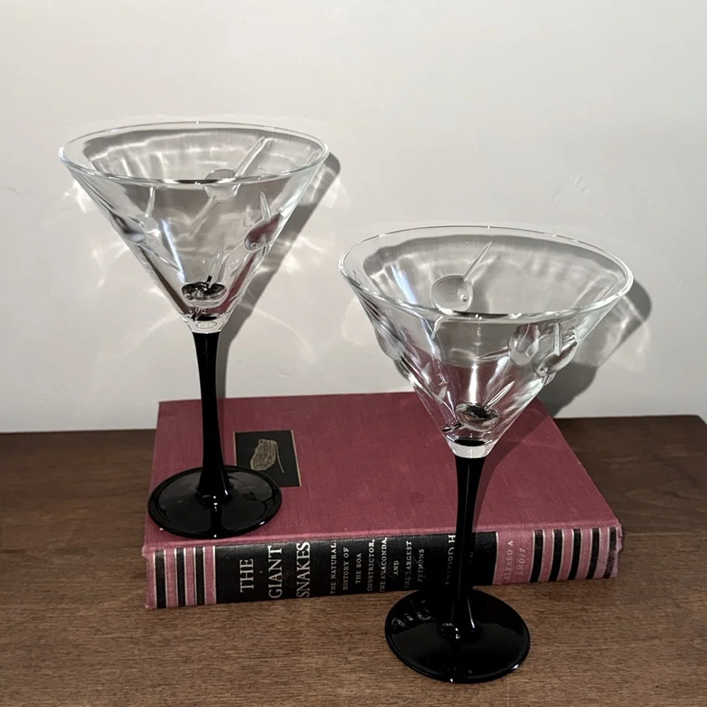Vintage Barware Retro Raised Olive Martini Glass Set Clear Glass Black Stem